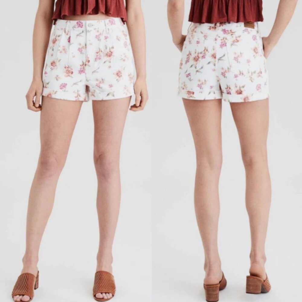 American Eagle Floral Print Denim Mom Shorts Size 4 - Picture 1 of 12